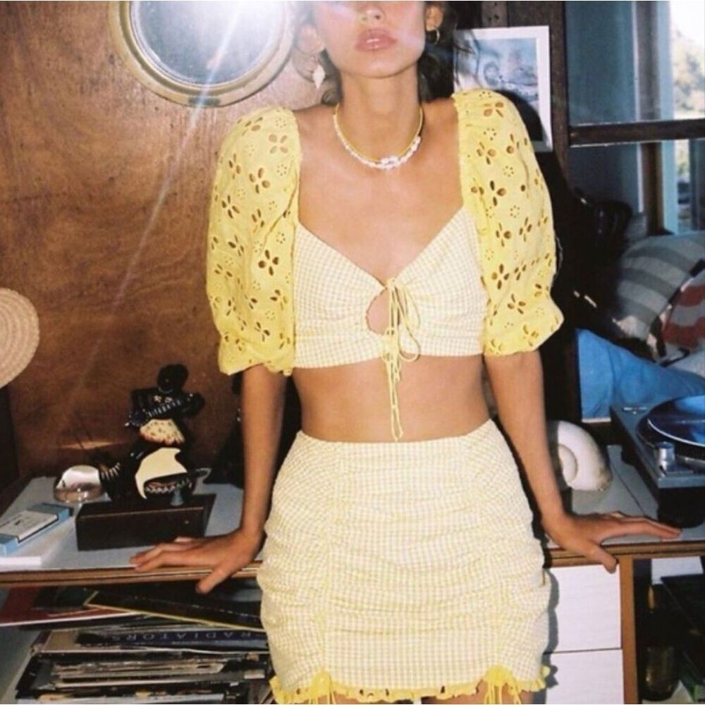 NWT For Love & Lemons yellow eyelet gingham miniskirt skirt￼s